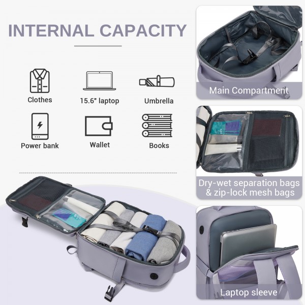BPK2602- Kono Cabin Approved Carry On Backpack 40×30×20cm, Water Resistant 15.6 Inch Laptop Travel Rucksack with Dry-wet Separation Pouch - Purple