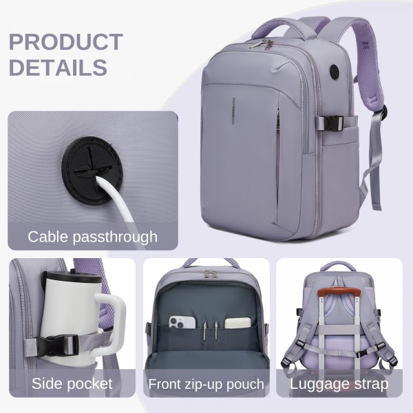 BPK2602- Kono Cabin Approved Carry On Backpack 40×30×20cm, Water Resistant 15.6 Inch Laptop Travel Rucksack with Dry-wet Separation Pouch - Purple