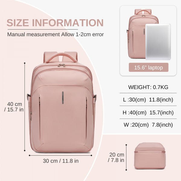 BPK2602- Kono Cabin Approved Carry On Backpack 40×30×20cm, Water Resistant 15.6 Inch Laptop Travel Rucksack with Dry-wet Separation Pouch - Pink