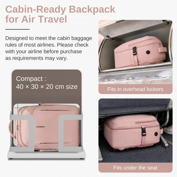 BPK2602- Kono Cabin Approved Carry On Backpack 40×30×20cm, Water Resistant 15.6 Inch Laptop Travel Rucksack with Dry-wet Separation Pouch - Pink