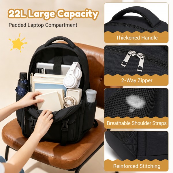 BPK2605 - KONO Durable Water-Resistant Kids Backpack with Padded Laptop Sleeve and Multi-Pocket Organization for School - Black