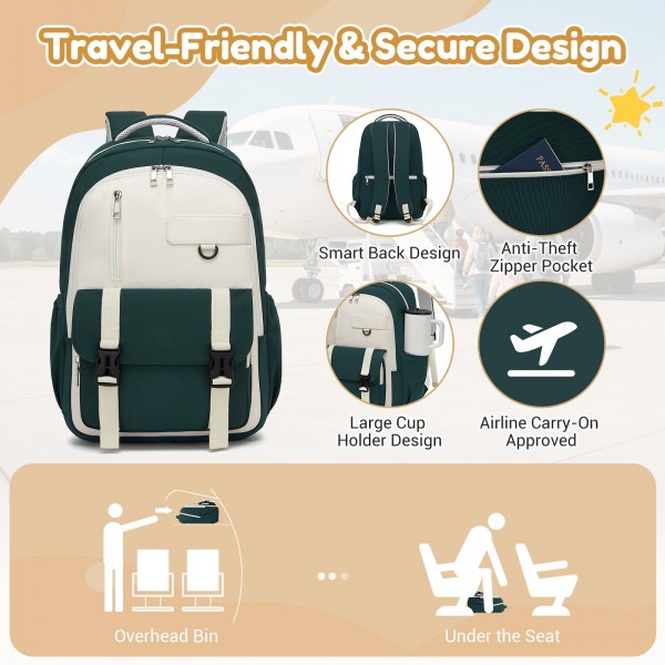BPK2605 - KONO Durable Water-Resistant Kids Backpack with Padded Laptop Sleeve and Multi-Pocket Organization for School - Green and Beige