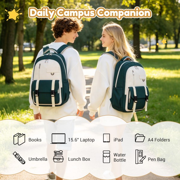 BPK2605 - KONO Durable Water-Resistant Kids Backpack with Padded Laptop Sleeve and Multi-Pocket Organization for School - Green and Beige
