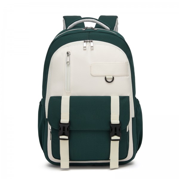 BPK2605 - KONO Durable Water-Resistant Kids Backpack with Padded Laptop Sleeve and Multi-Pocket Organization for School - Green and Beige