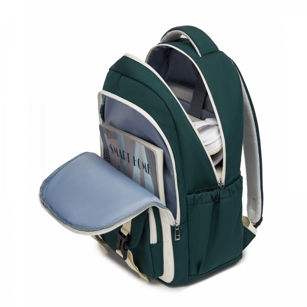 BPK2605 - KONO Durable Water-Resistant Kids Backpack with Padded Laptop Sleeve and Multi-Pocket Organization for School - Green and Beige