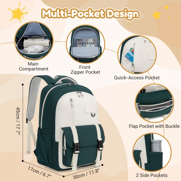 BPK2605 - KONO Durable Water-Resistant Kids Backpack with Padded Laptop Sleeve and Multi-Pocket Organization for School - Green and Beige
