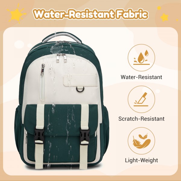 BPK2605 - KONO Durable Water-Resistant Kids Backpack with Padded Laptop Sleeve and Multi-Pocket Organization for School - Green and Beige
