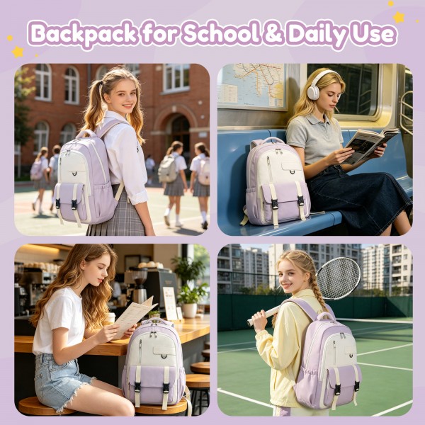 BPK2605 - KONO Durable Water-Resistant Kids Backpack with Padded Laptop Sleeve and Multi-Pocket Organization for School - Purple and Beige