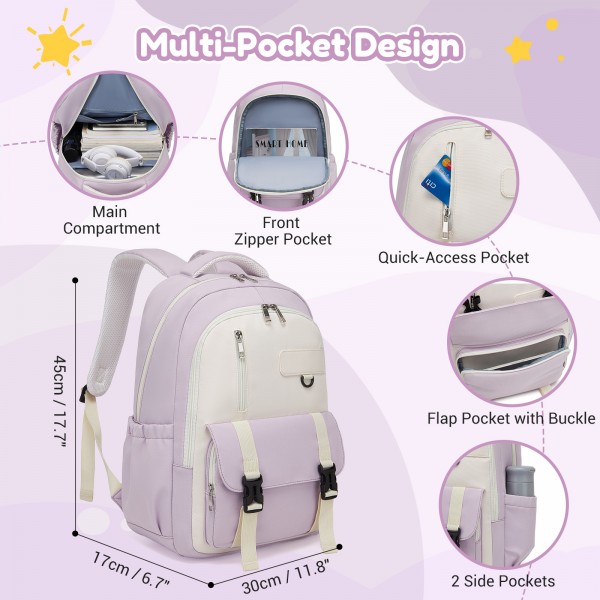 BPK2605 - KONO Durable Water-Resistant Kids Backpack with Padded Laptop Sleeve and Multi-Pocket Organization for School - Purple and Beige