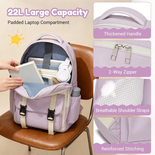 BPK2605 - KONO Durable Water-Resistant Kids Backpack with Padded Laptop Sleeve and Multi-Pocket Organization for School - Purple and Beige