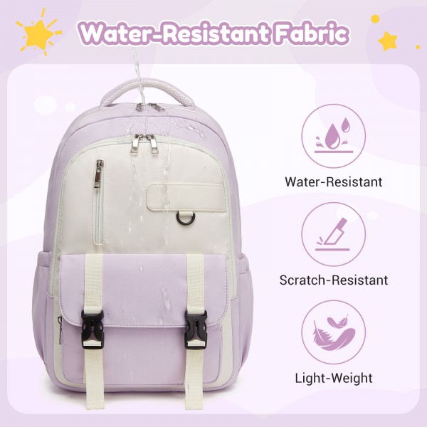BPK2605 - KONO Durable Water-Resistant Kids Backpack with Padded Laptop Sleeve and Multi-Pocket Organization for School - Purple and Beige