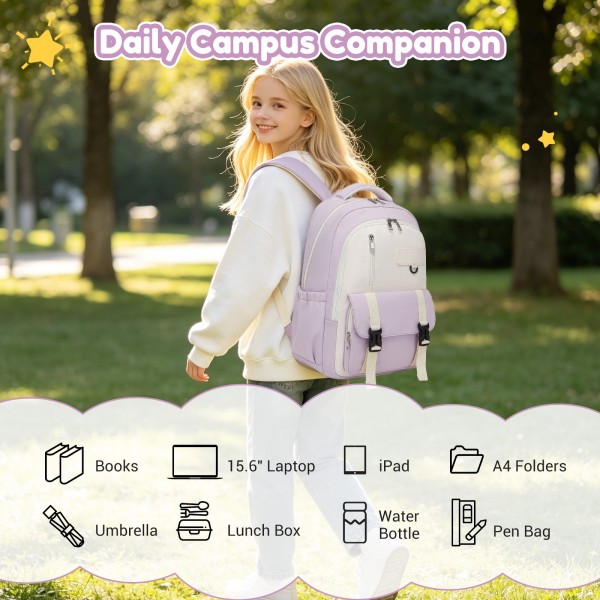 BPK2605 - KONO Durable Water-Resistant Kids Backpack with Padded Laptop Sleeve and Multi-Pocket Organization for School - Purple and Beige