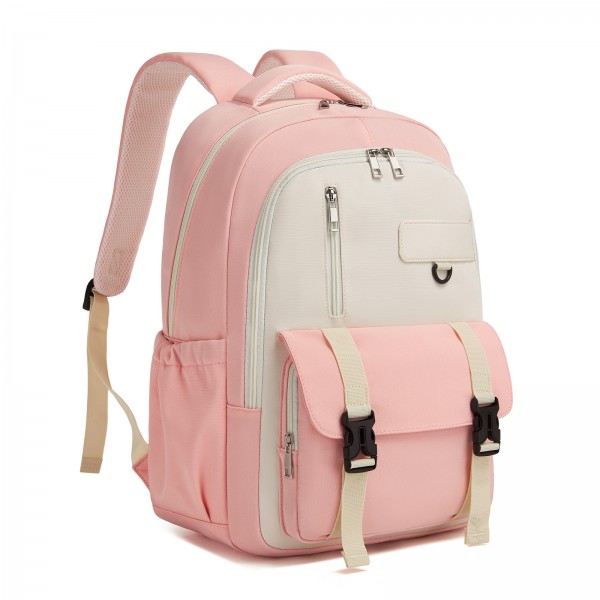 BPK2605 - KONO Durable Water-Resistant Kids Backpack with Padded Laptop Sleeve and Multi-Pocket Organization for School - Pink and Beige