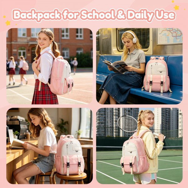BPK2605 - KONO Durable Water-Resistant Kids Backpack with Padded Laptop Sleeve and Multi-Pocket Organization for School - Pink and Beige