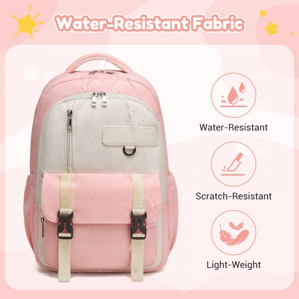 BPK2605 - KONO Durable Water-Resistant Kids Backpack with Padded Laptop Sleeve and Multi-Pocket Organization for School - Pink and Beige