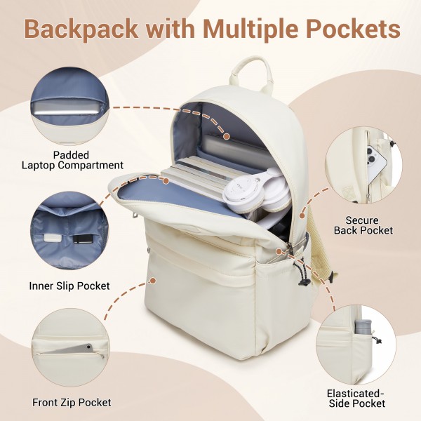 BPK2606 - KONO Stylish Solid-Color Casual Backpack for School and Weekend Trips with Multi-Pocket Storage - Beige