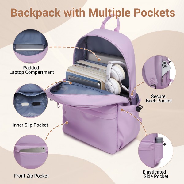 BPK2606 - KONO Stylish Solid-Color Casual Backpack for School and Weekend Trips with Multi-Pocket Storage - Purple