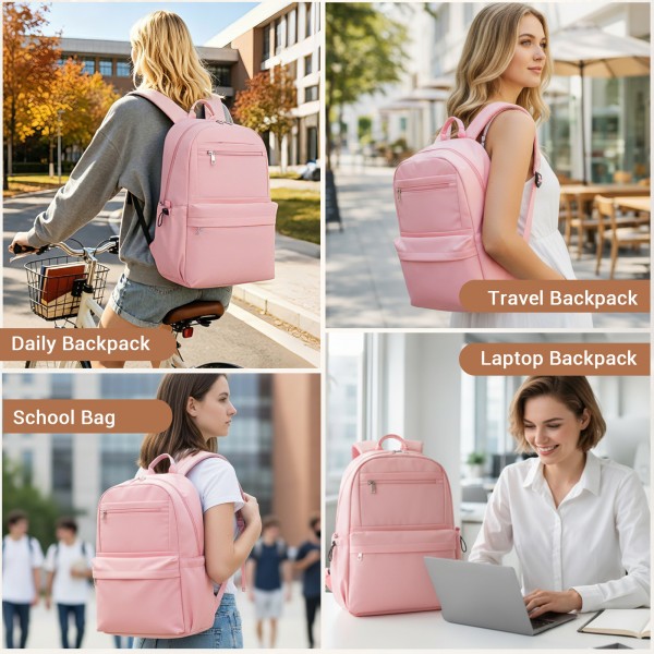 BPK2606 - KONO Stylish Solid-Color Casual Backpack for School and Weekend Trips with Multi-Pocket Storage - Pink
