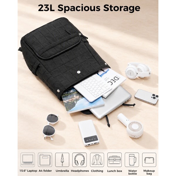 BPK2626 - Kono 23L Reise-Laptop-Rucksack, wasserabweisender Nylon-Rucksack, passend für 15,6-Zoll-Notebook für Arbeit, Schule und Wochenendreise - Schwarz