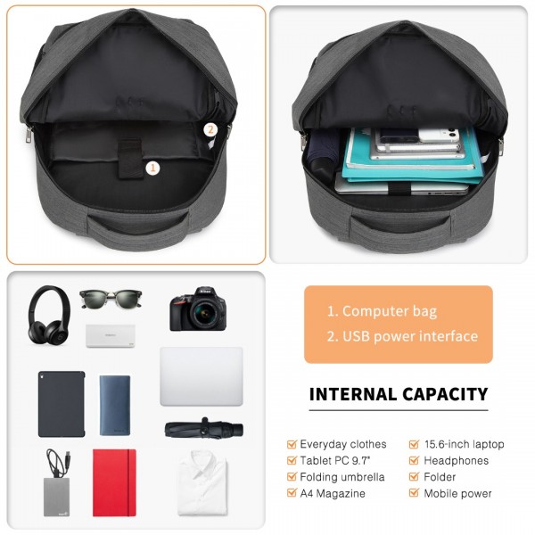 E1978 - Kono Multi Compartment Backpack with USB Connectivity - Grey