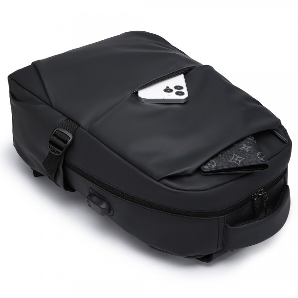 E2329 - Kono Leisure PVC Coated Water-resistant Backpack With USB Charging Port - Black