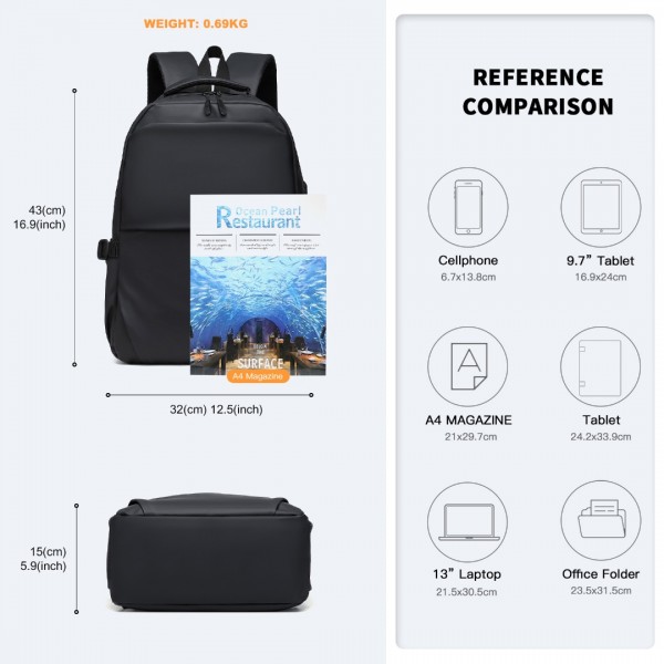 E2329 - Kono Leisure PVC Coated Water-resistant Backpack With USB Charging Port - Black