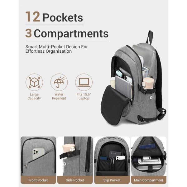 E6715 - Kono Business Laptop Backpack with USB Charging Port - Grey