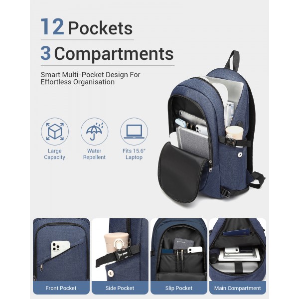 E6715 - Kono Business Laptop Backpack with USB Charging Port - Navy Blue
