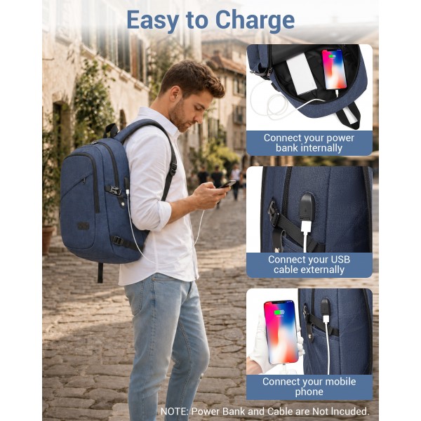 E6715 - Kono Business Laptop Backpack with USB Charging Port - Navy Blue