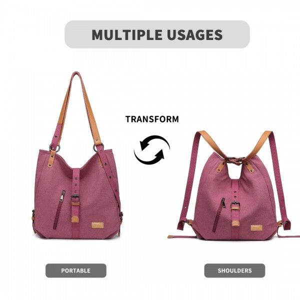 E6850-1 - Kono Casual Canvas Dual-Use Bag Large Capacity Shoulder Bag and Backpack - Fuchsia