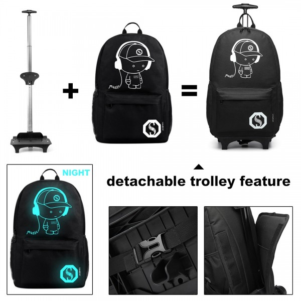 E6877 - Kono Multi-functional Glow-in-the-Dark Trolley Backpack - Black