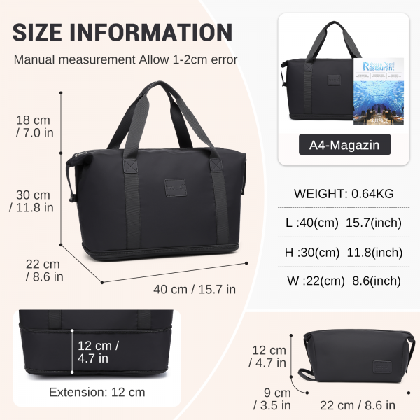EA2212 - Kono Two Pieces Expandable Durable Waterproof Travel Duffel Bag Set - Black