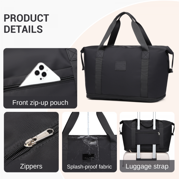 EA2212 - Kono Two Pieces Expandable Durable Waterproof Travel Duffel Bag Set - Black