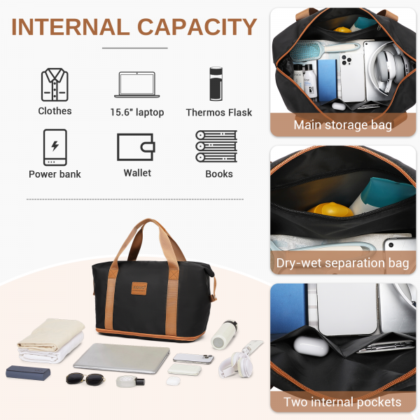 EA2212 - Kono Two Pieces Expandable Durable Waterproof Travel Duffel Bag Set - Black And Brown