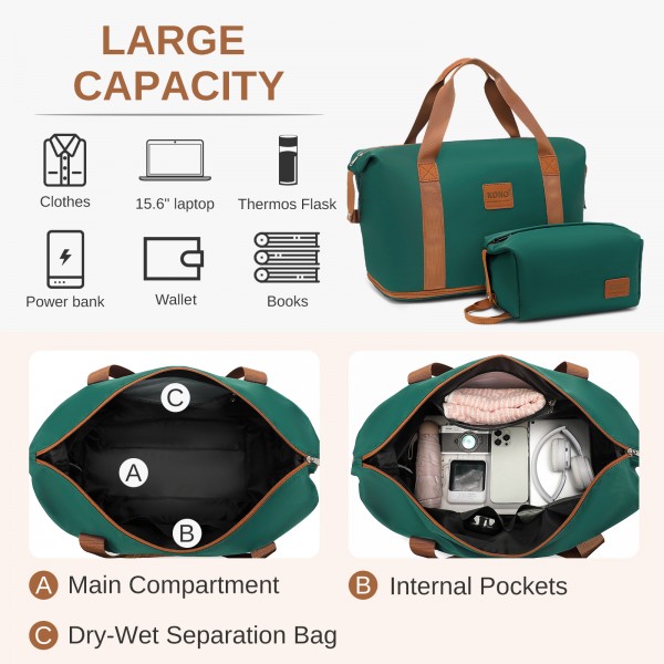 EA2212 - Kono Two Pieces Expandable Durable Waterproof Travel Duffel Bag Set - Green And Brown