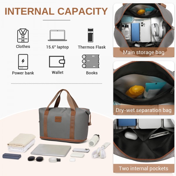 EA2212 - Kono Two Pieces Expandable Durable Waterproof Travel Duffel Bag Set - Grey And Brown