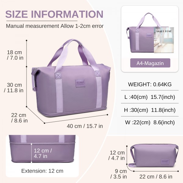 EA2212 - Kono Two Pieces Expandable Durable Waterproof Travel Duffel Bag Set - Purple