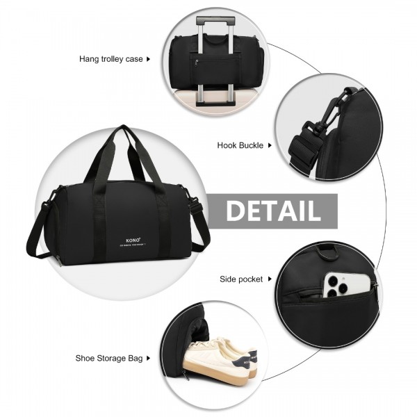 EA2305 - Kono Waterproof Duffel Bag Lightweight Sports Gym Bag With Shoes Compartment - Black