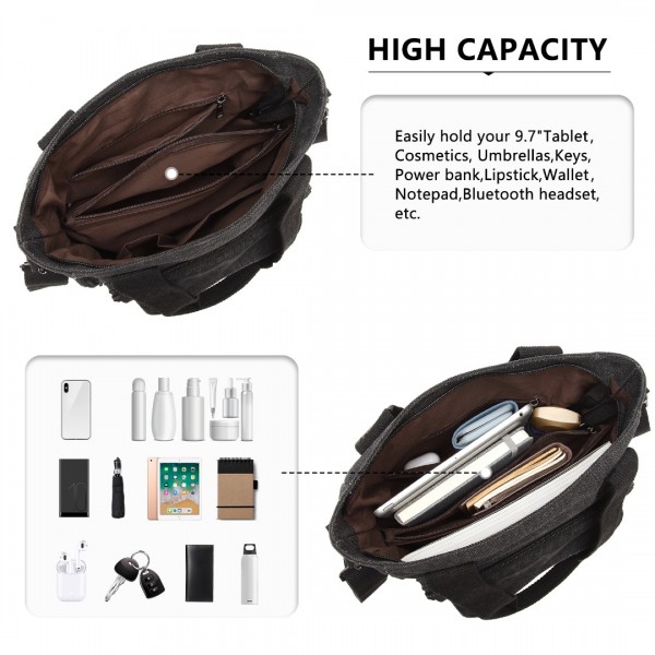 EB2125 - Kono Large Capacity Multi Compartment Canvas Crossbody Tote Bag - Black