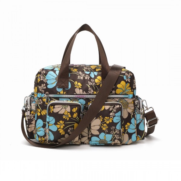 EB2351F - Kono Sleek Multi-Pocket Water-Resistant Crossbody Tote Bag With Flower Print - Brown