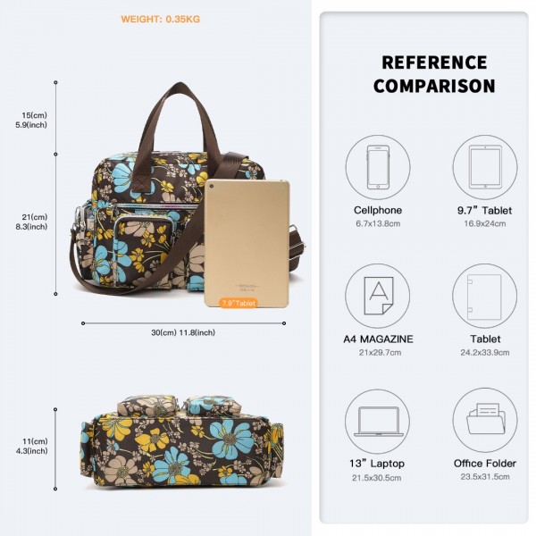EB2351F - Kono Sleek Multi-Pocket Water-Resistant Crossbody Tote Bag With Flower Print - Brown