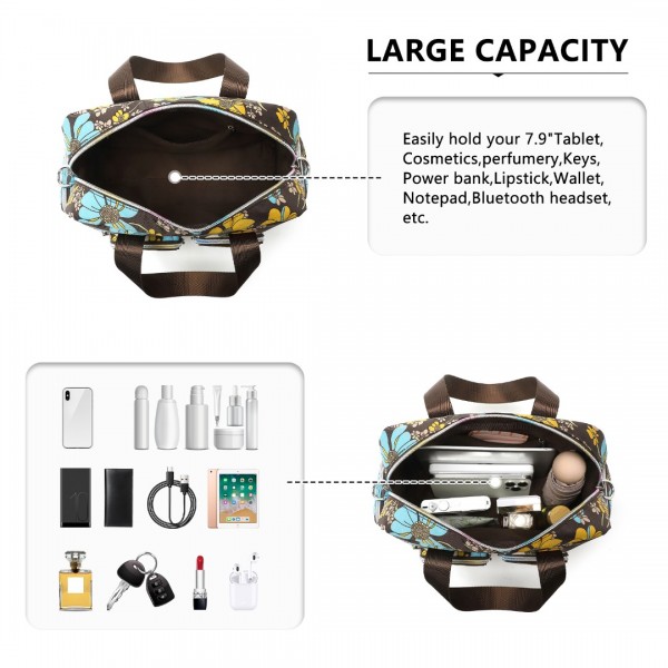 EB2351F - Kono Sleek Multi-Pocket Water-Resistant Crossbody Tote Bag With Flower Print - Brown