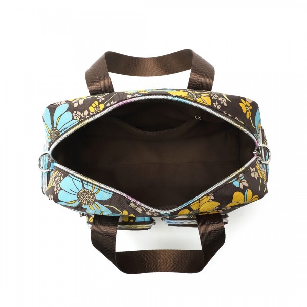 EB2351F - Kono Sleek Multi-Pocket Water-Resistant Crossbody Tote Bag With Flower Print - Brown