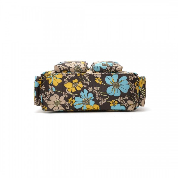 EB2351F - Kono Sleek Multi-Pocket Water-Resistant Crossbody Tote Bag With Flower Print - Brown