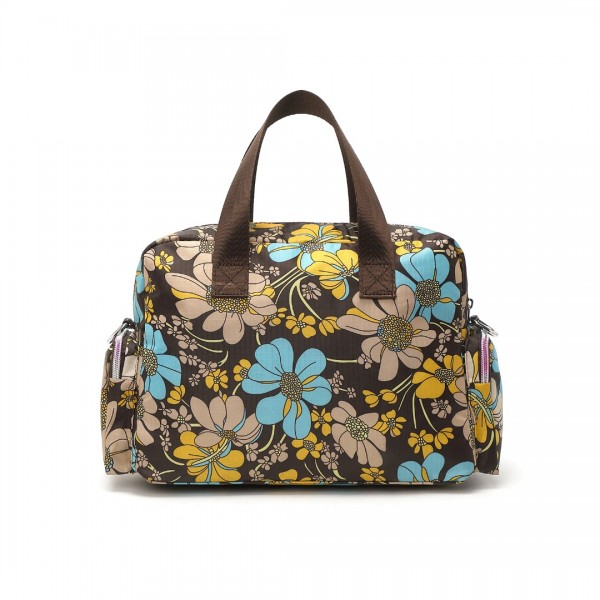 EB2351F - Kono Sleek Multi-Pocket Water-Resistant Crossbody Tote Bag With Flower Print - Brown