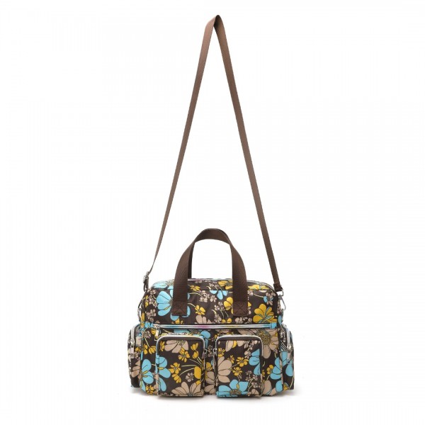EB2351F - Kono Sleek Multi-Pocket Water-Resistant Crossbody Tote Bag With Flower Print - Brown