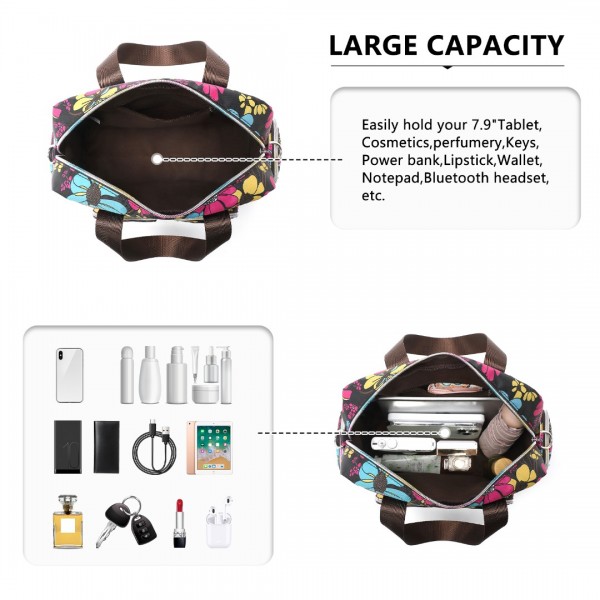 EB2351F - Kono Sleek Multi-Pocket Water-Resistant Crossbody Tote Bag With Flower Print - Black