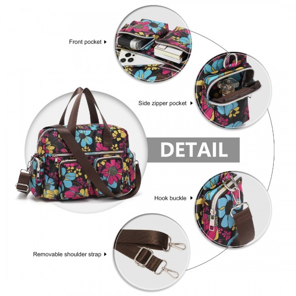 EB2351F - Kono Sleek Multi-Pocket Water-Resistant Crossbody Tote Bag With Flower Print - Black