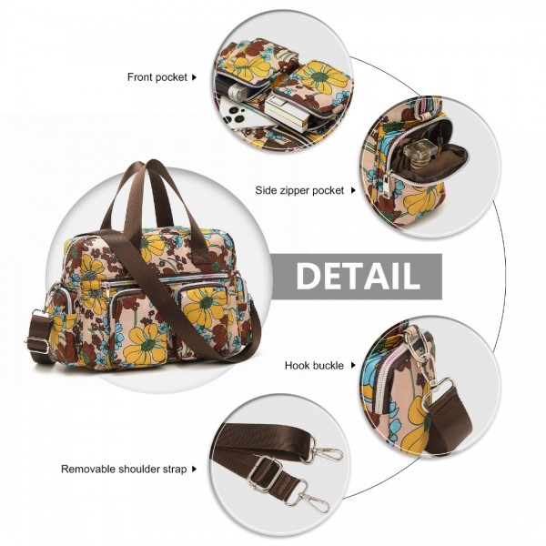 EB2351F - Kono Sleek Multi-Pocket Water-Resistant Crossbody Tote Bag With Flower Print - Khaki