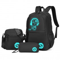 EB2363 - Kono Lekkość & Świecące w ciemności 3-częściowy Zestaw plecaków na laptopa z torbą crossbody i Piórnik - Czarny